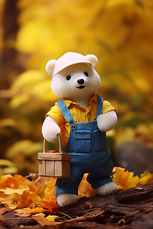 秋天玩具熊可爱秋景摄影图