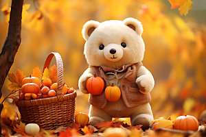 秋天玩具熊温馨治愈摄影图