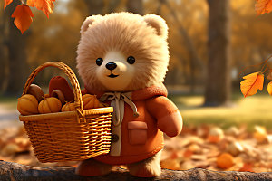 秋天玩具熊毛绒小熊树林摄影图