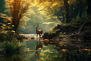 秋日动物森林原野自然摄影图