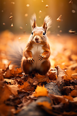秋天森林与小动物自然树林摄影图