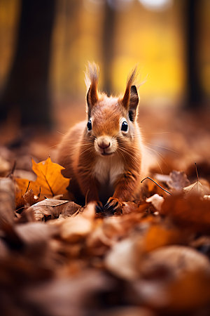 秋天森林与小动物温馨自然摄影图