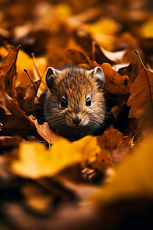 秋天森林与小动物可爱治愈摄影图