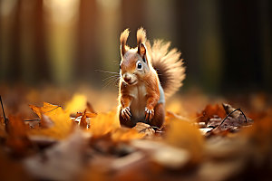 秋天森林与小动物自然治愈摄影图
