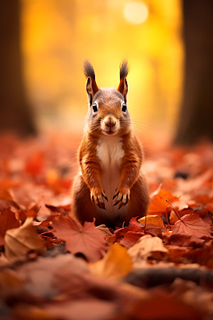 秋天森林与小动物树林自然摄影图