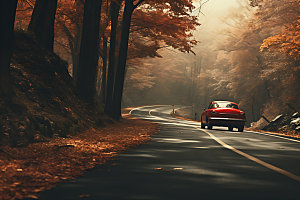 秋色汽车外拍行使摄影图