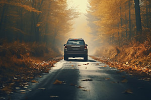 秋色汽车外拍行使摄影图