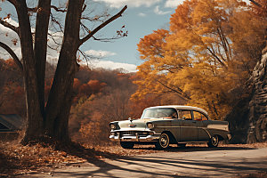 秋色汽车外拍户外摄影图