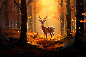 秋日森林树林小动物插画