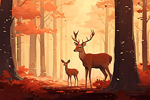 秋日森林小动物树林插画