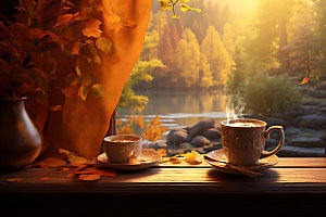 秋天下午茶秋色氛围摄影图