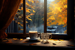 秋天下午茶自然氛围摄影图