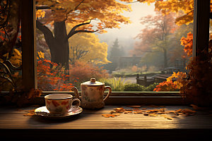 秋天下午茶秋季秋色摄影图