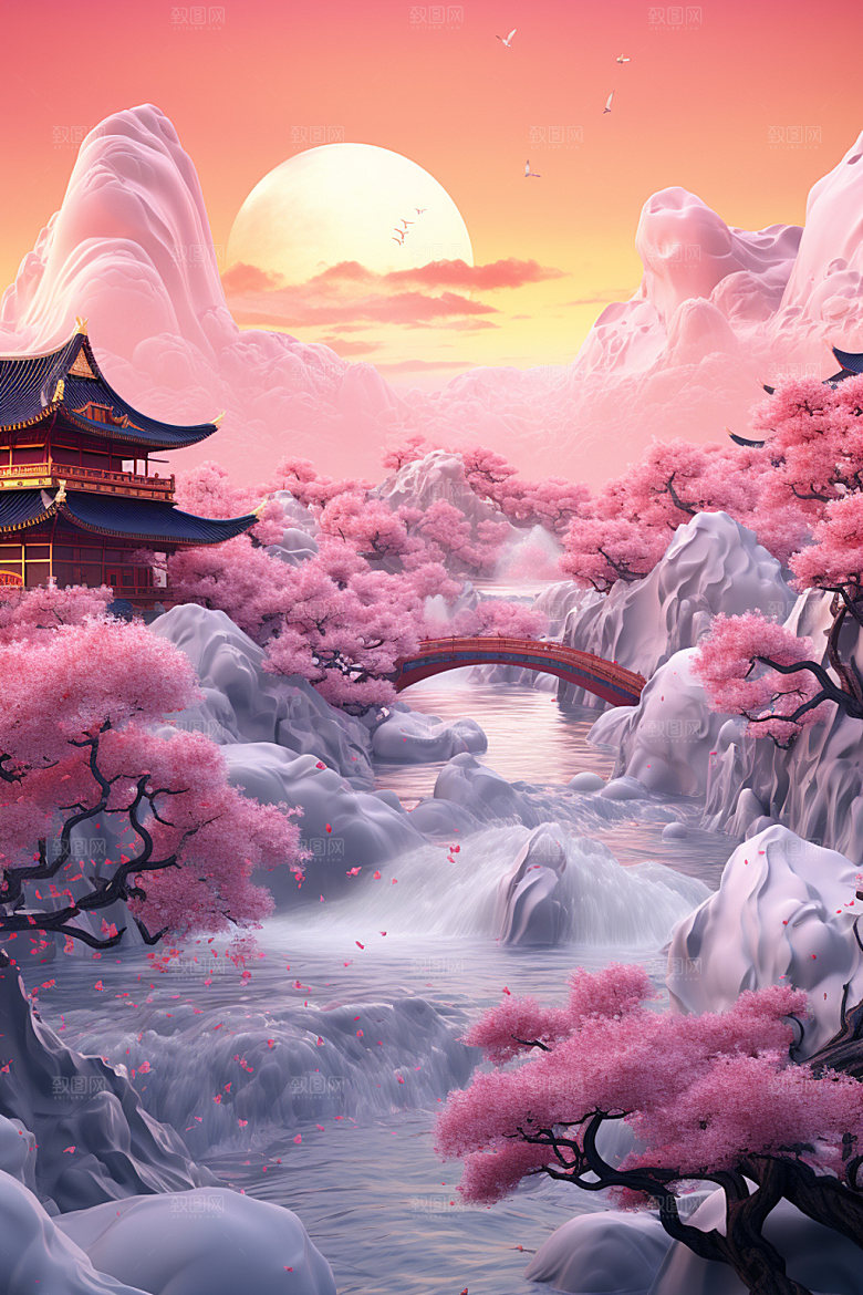 粉色七夕情人节国风场景