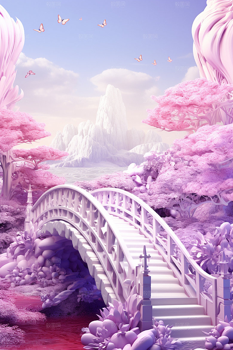 粉色七夕山水3D场景