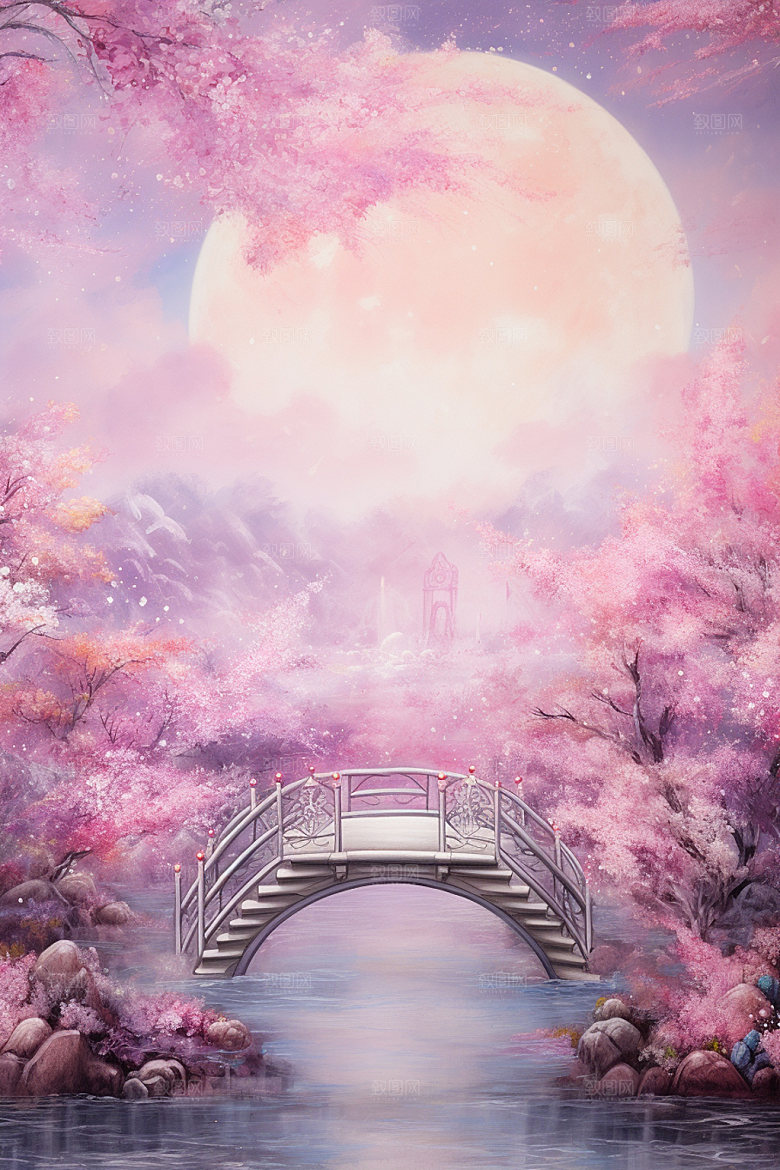 粉色七夕中式山水场景