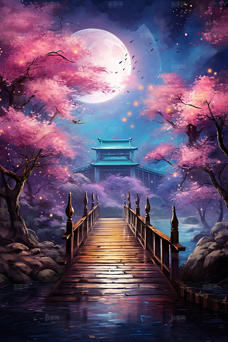 粉色七夕传统山水场景