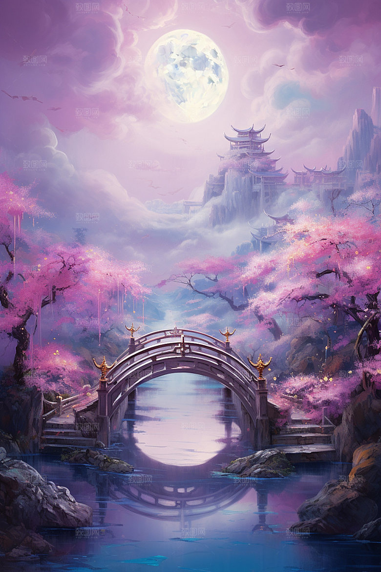 粉色七夕3D山水场景