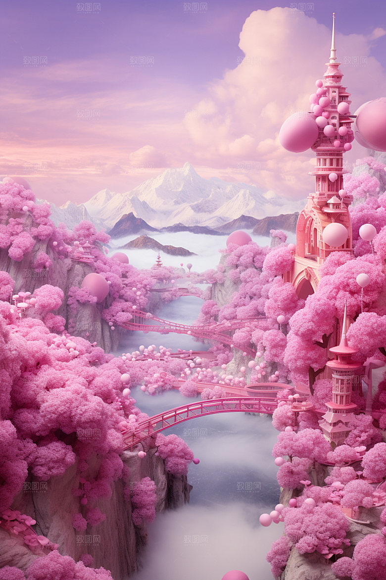 粉色七夕立体山水场景