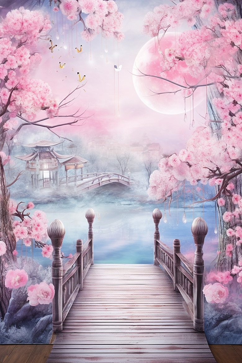 粉色七夕山水传统场景