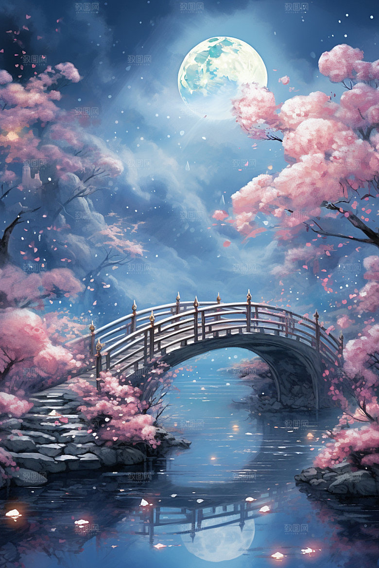 粉色七夕传统山水场景