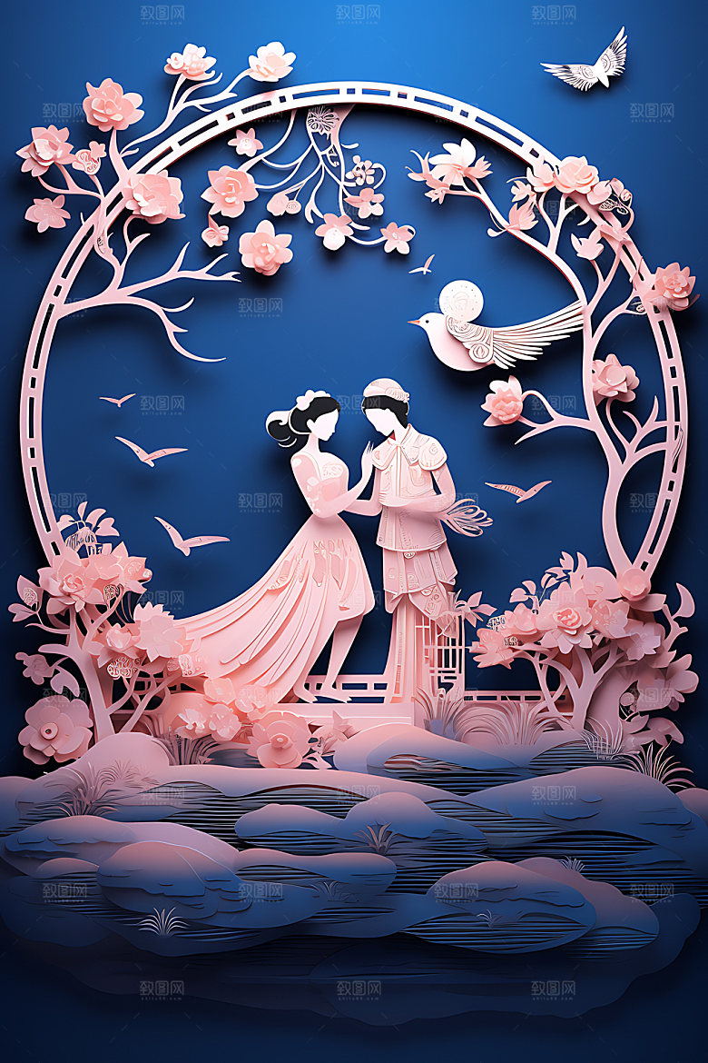 七夕牛郎织女精致艺术剪纸