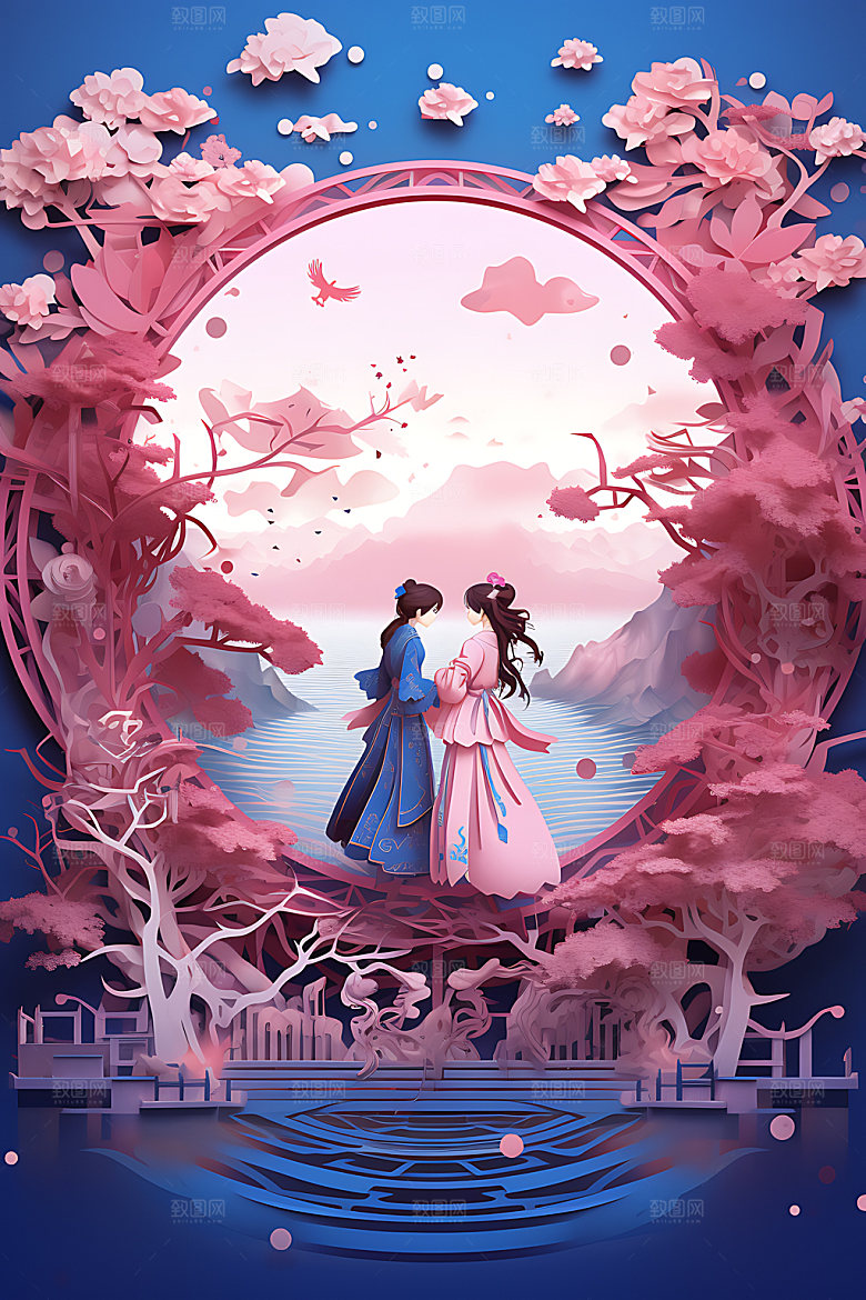 七夕情人节鹊桥相会艺术剪纸