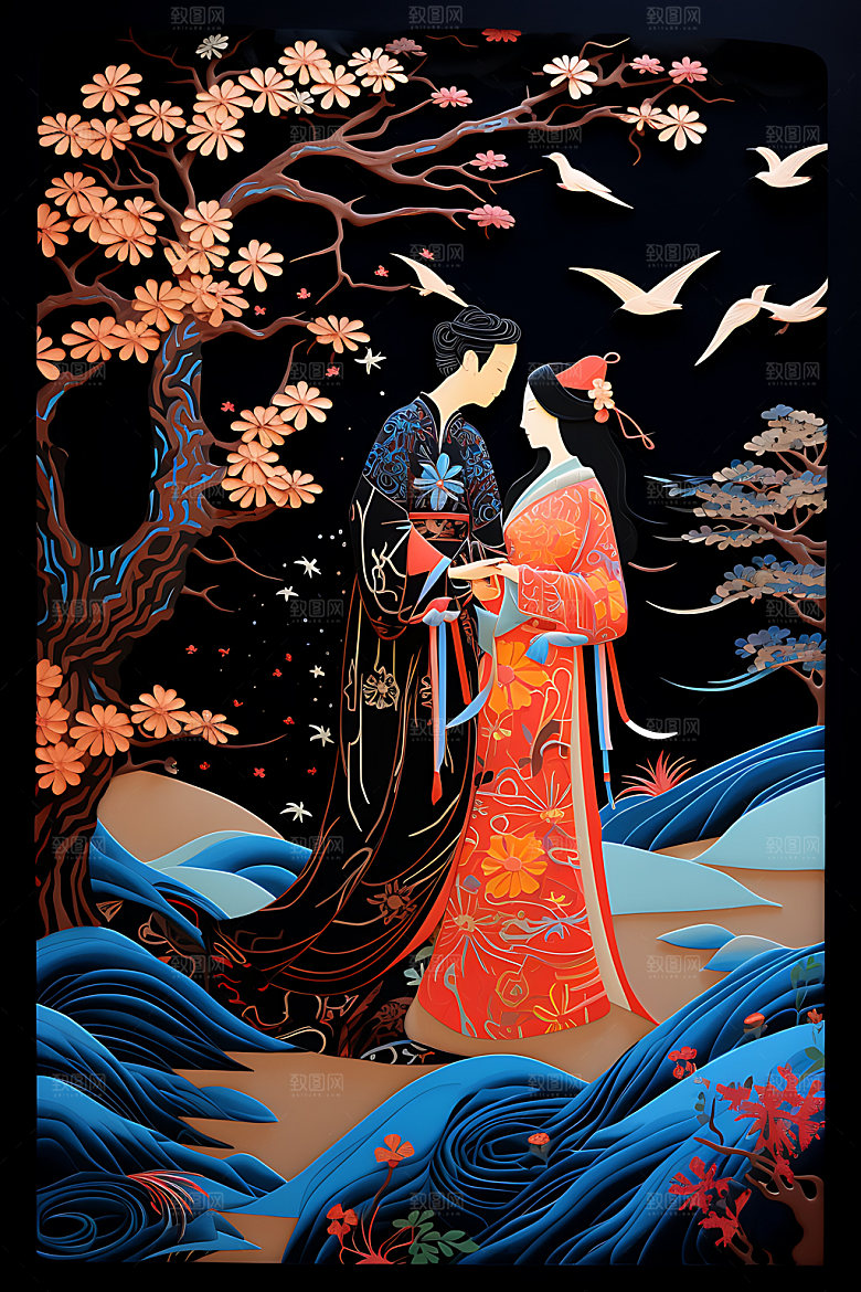 七夕传统文化牛郎织女艺术剪纸