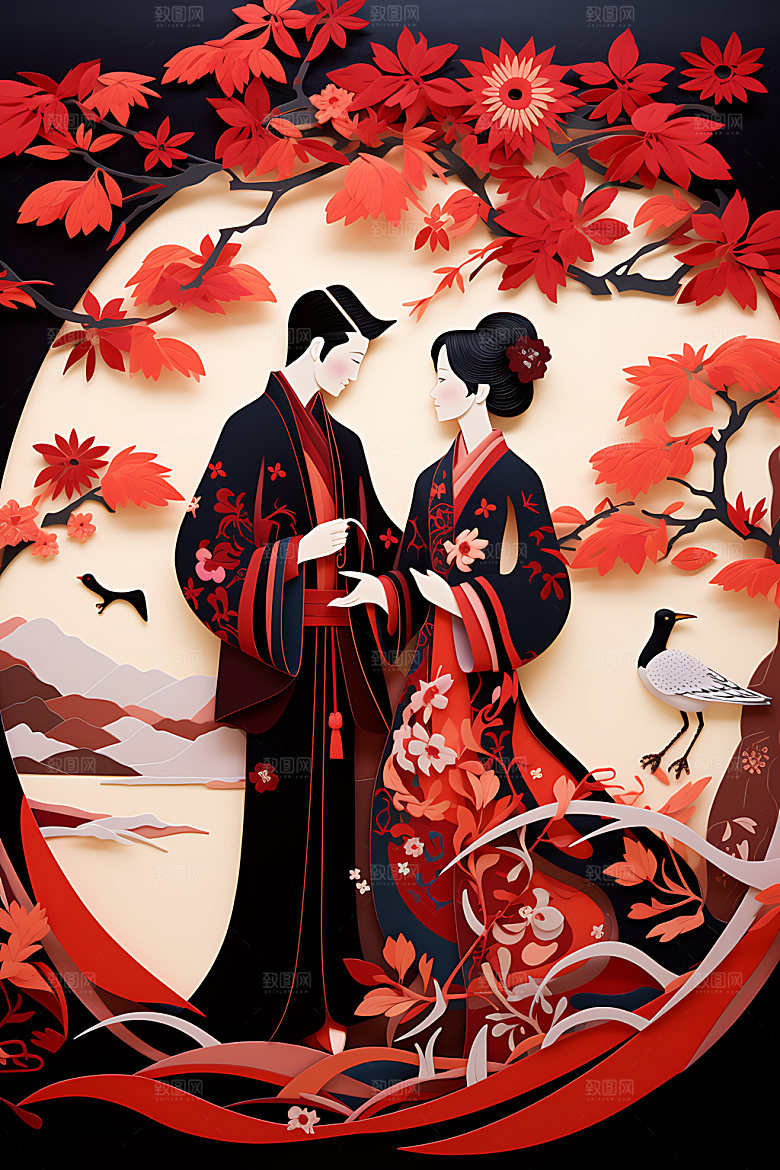 七夕牛郎织女中国风艺术剪纸