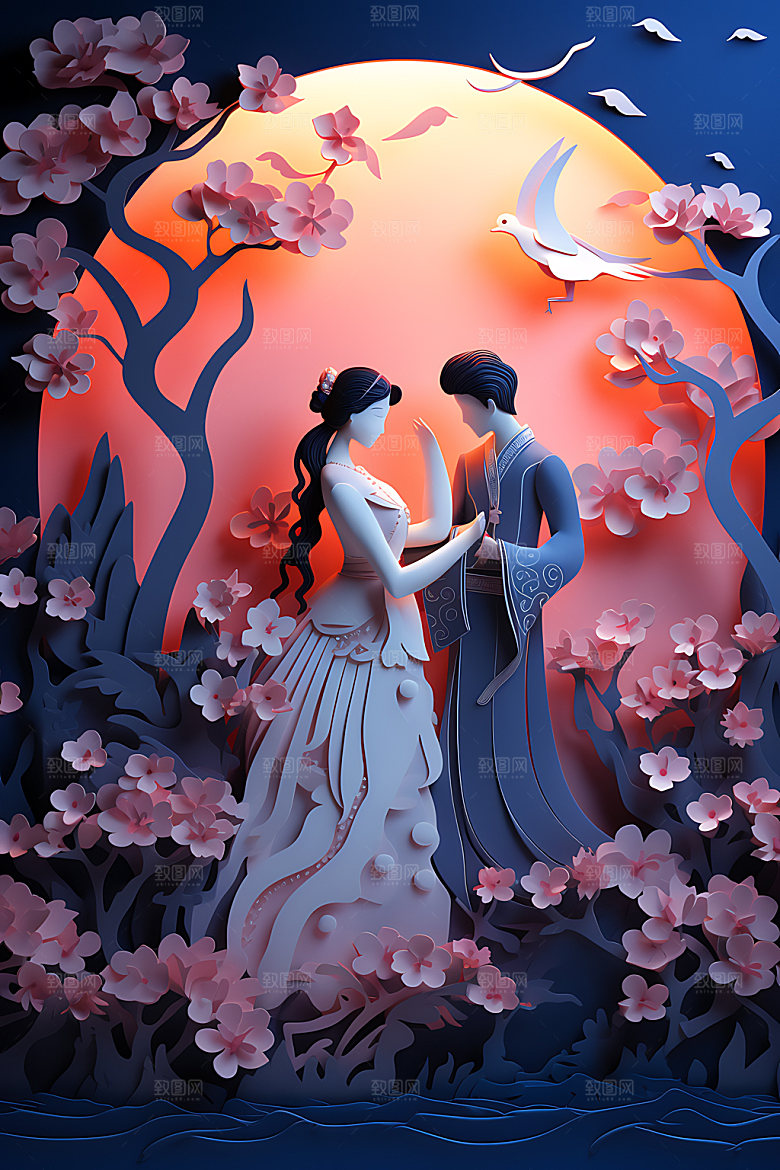 七夕鹊桥相会牛郎织女艺术剪纸