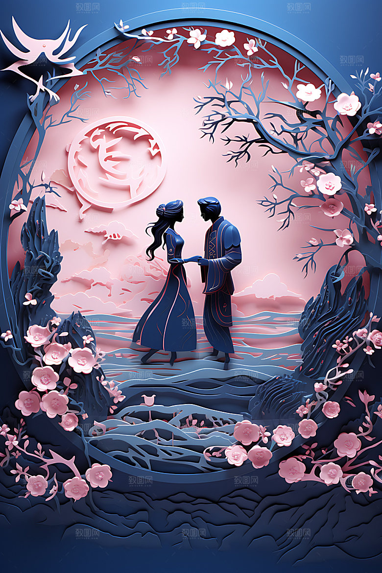 七夕中国风鹊桥相会艺术剪纸
