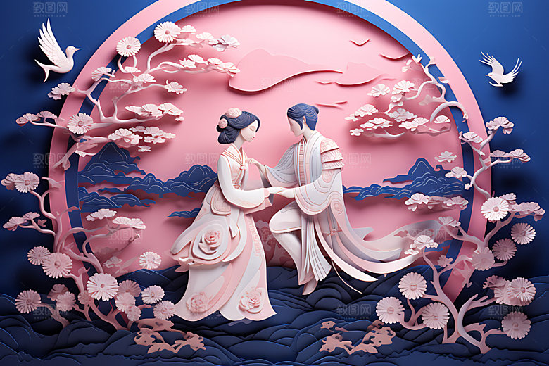 七夕鹊桥相会浪漫艺术剪纸