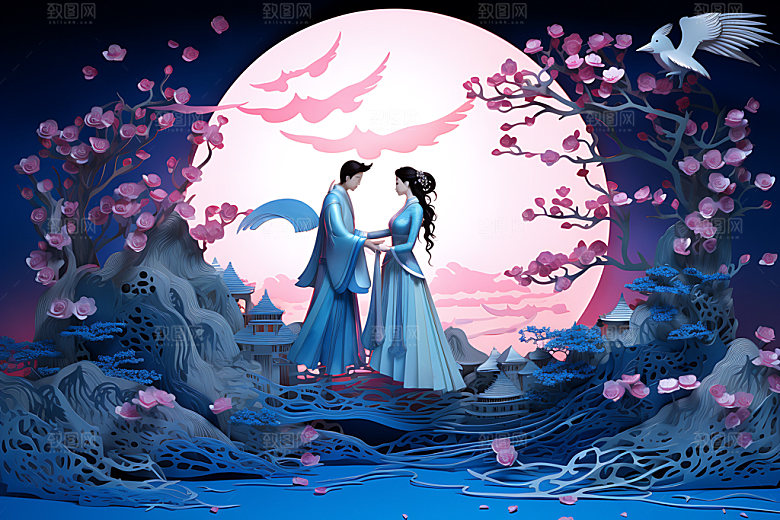 七夕牛郎织女浪漫艺术剪纸