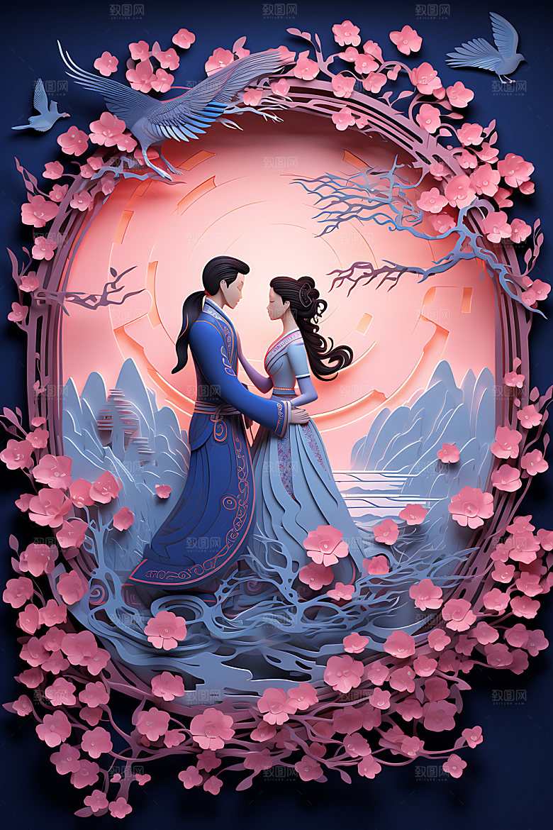 七夕鹊桥相会乞巧节艺术剪纸