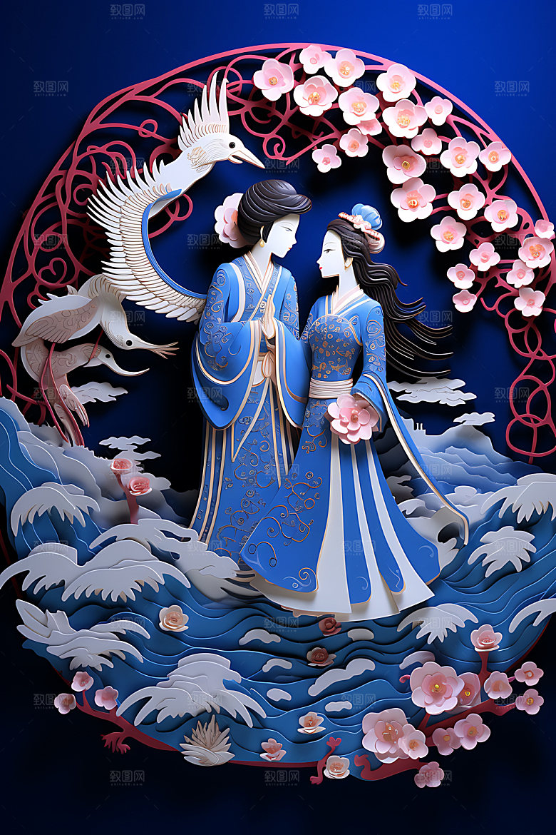 七夕鹊桥相会牛郎织女艺术剪纸