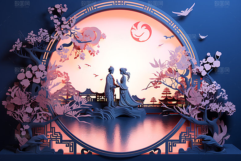 七夕浪漫乞巧节艺术剪纸