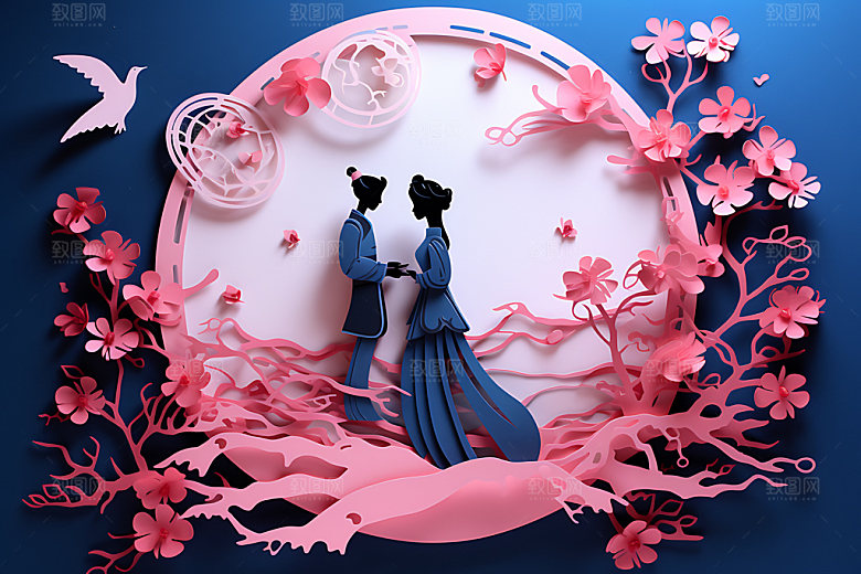 七夕鹊桥相会浪漫艺术剪纸
