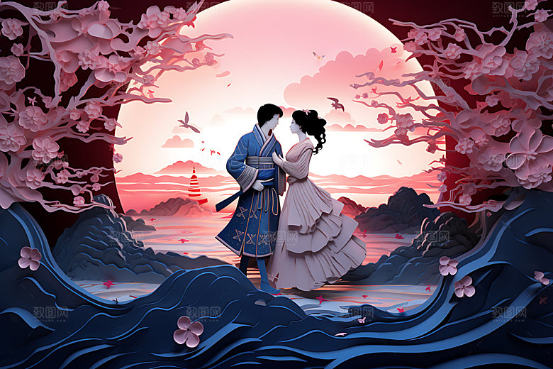 七夕中国风牛郎织女艺术剪纸