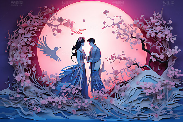 七夕鹊桥相会乞巧节艺术剪纸