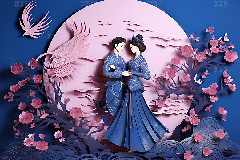 七夕牛郎织女中国风艺术剪纸
