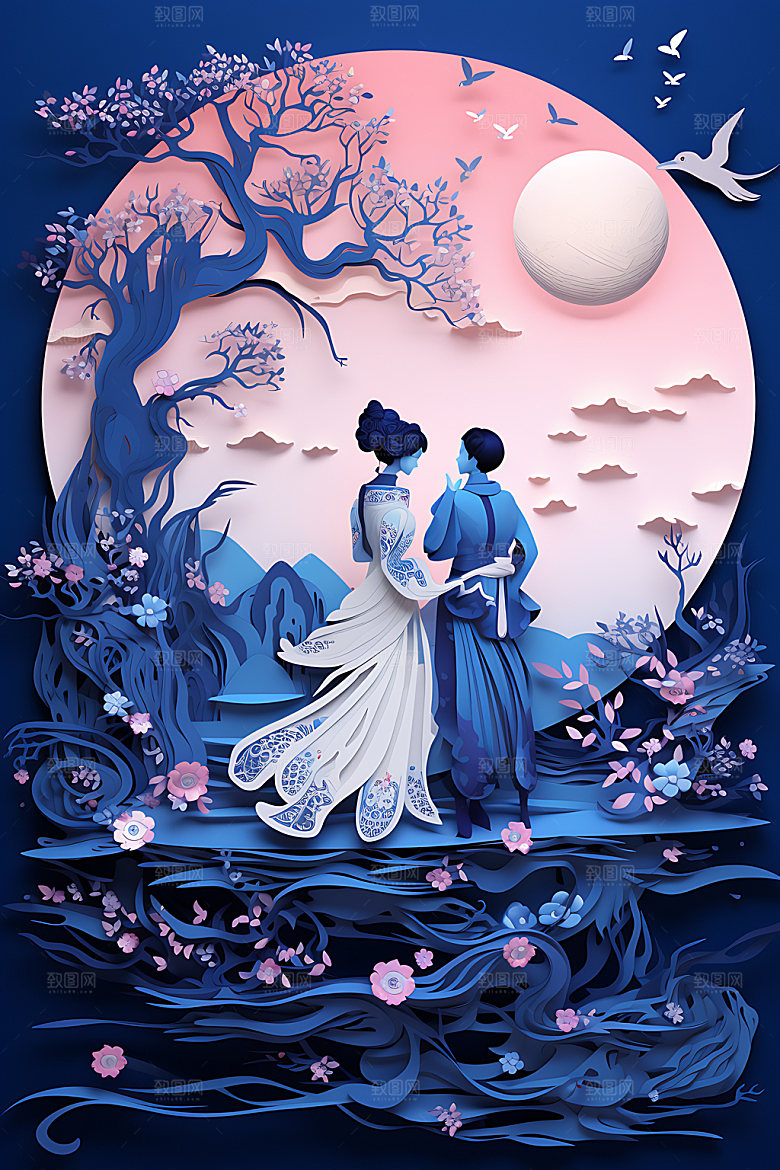 七夕牛郎织女精致艺术剪纸