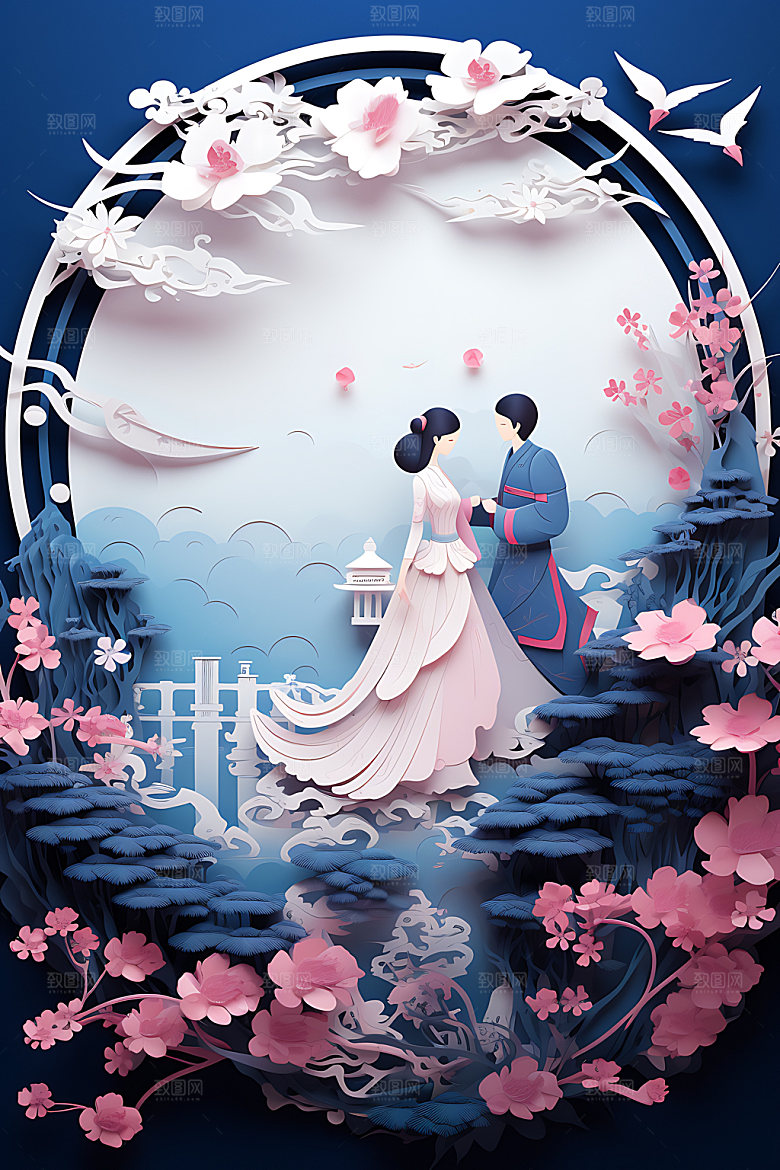 七夕鹊桥相会乞巧节艺术剪纸