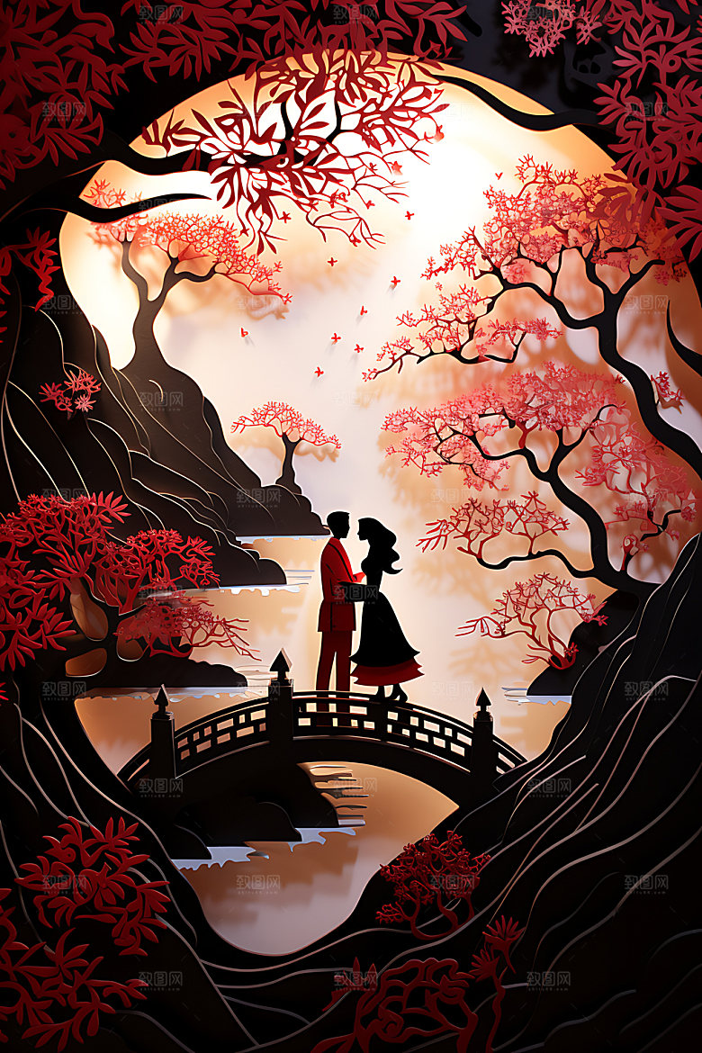 七夕牛郎织女传统文化艺术剪纸