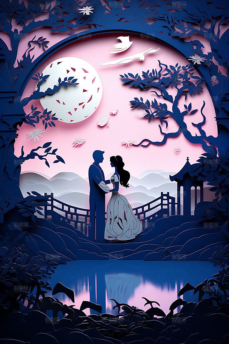 七夕鹊桥相会传统文化艺术剪纸