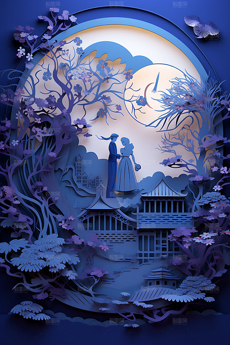 七夕浪漫鹊桥相会艺术剪纸