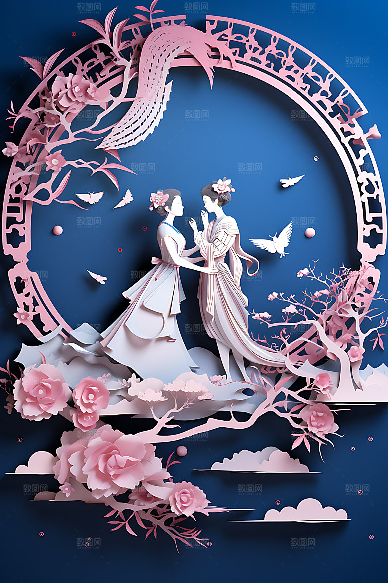七夕牛郎织女情人节艺术剪纸