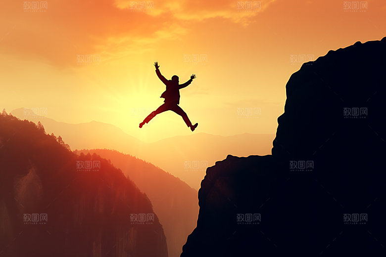飞跃商务企业精神人物剪影摄影图