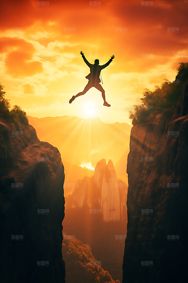 飞跃迎难而上挑战人物剪影摄影图