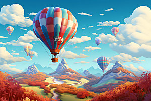 热气球景色旅游插画