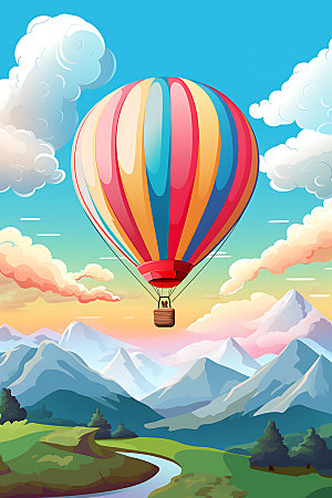 热气球景色风光插画